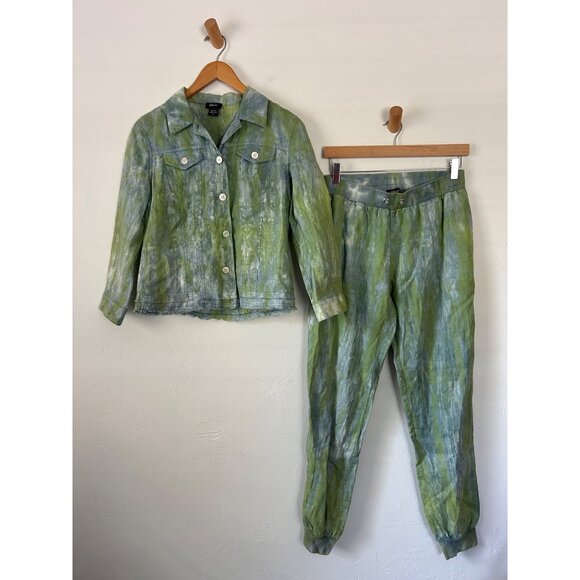 Pure Amici XS Green Tie-Dye 100% Linen Jacket & Jogger Pants Set - Picture 14 of 14